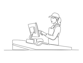 Wall Mural - Continuous one line drawing of seller cashier of the strore. Female cashier of supermarket waiting customers illustration. Editable vector.