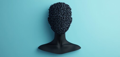 Aufkleber - A stylized sculpture of a head covered in black beads against a turquoise background, showcasing modern art and texture.