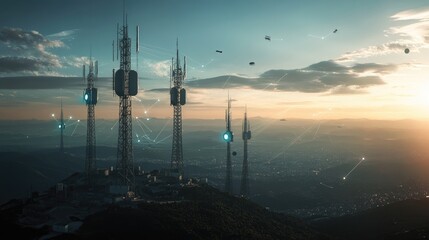 Poster - Tower network spanning across a wide landscape, with signals radiating from each tower, showcasing the seamless connectivity of modern telecommunication systems