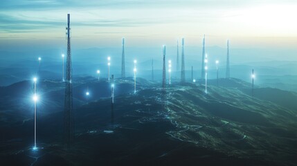 Poster - Tower network spanning across a wide landscape, with signals radiating from each tower, showcasing the seamless connectivity of modern telecommunication systems