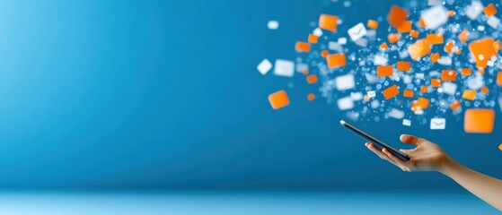 Aufkleber - A hand holds a smartphone, with colorful icons and data swirling from the device against a blue background, symbolizing digital communication and connectivity.