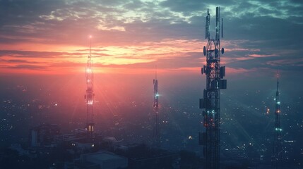 Poster - Tower network spanning across a wide landscape, with signals radiating from each tower, showcasing the seamless connectivity of modern telecommunication systems