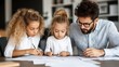 © Anna - Two young children and a man focus on writing and drawing on sheets of paper at a dining table in a cozy home environment during the afternoon
