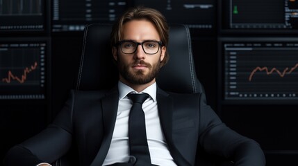 Poster - focused businessman, dressed in a sharp suit and glasses, sits confidently in a modern office. He analyzes stock trends displayed on multiple screens surrounding him, immersed in market data