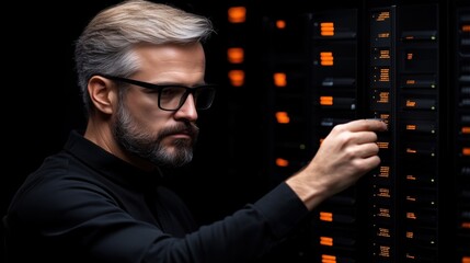Poster - technician inspects and adjusts server hardware in a dark data center. environment is filled with blinking lights from numerous racks of servers. Focus is on maintaining system performance