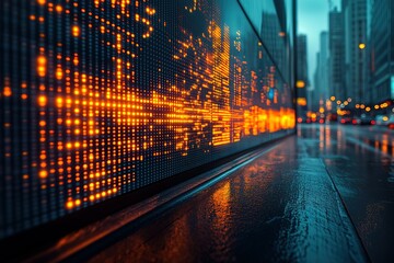 Poster - urban cityscape at night with a large led display showing data streams.