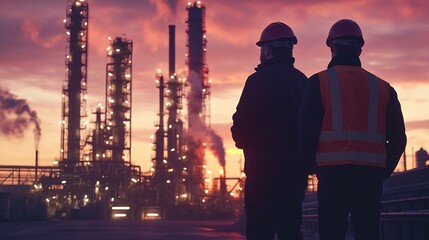 Poster - engineers inspecting an oil refinery, with towering pipes and flares in the background.