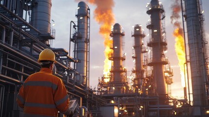 Poster - engineers inspecting an oil refinery, with towering pipes and flares in the background.