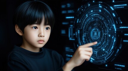 Poster - young child is engaged with a high-tech digital interface, exploring advanced technology in a contemporary learning space. child shows curiosity and concentration as they touch the screen
