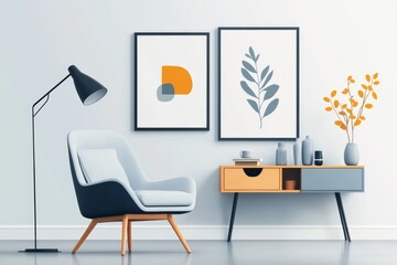 Poster - A 2D flat illustration of a minimalist living room with simple furniture pieces, soft pastel tones, and clean white walls