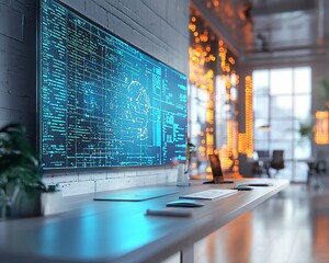 Poster - Futuristic workspace with large screen displaying code.