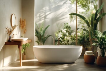Poster - A bathroom design featuring a freestanding bathtub, textured tiles, and natural light entering through a frosted window, with V-Ray reflections adding depth
