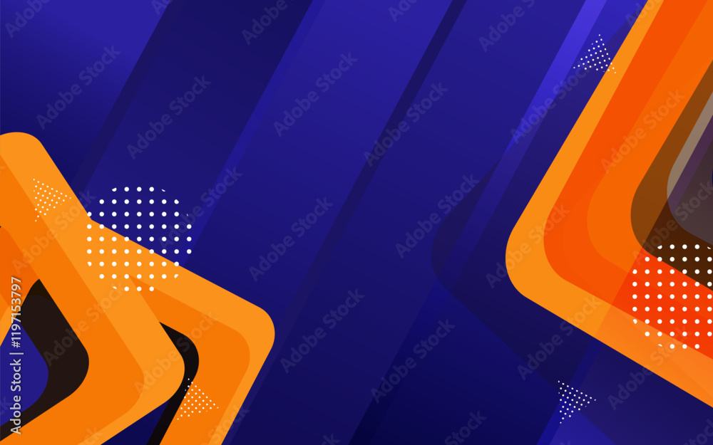 An abstract design with a blue background, orange geometric shapes, and ...