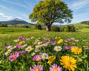 Wall Mural - Blooming wildflowers in a scenic meadow under snow-capped mountains nature photography springtime landscape