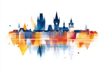 Aufkleber - A clean, bold illustration of Prague Castle overlooking the Vltava, with minimalist details and bright, vibrant colors on a white backdrop