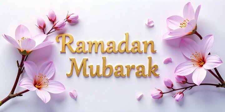 Ramadan mubarak typography and Beautiful Calligraphy Greeting Card with Lanterns and Flowers on Blue Background.