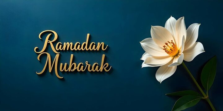 Ramadan mubarak typography and Beautiful Calligraphy Greeting Card with Lanterns and Flowers on Blue Background.