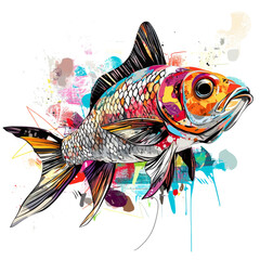 Aufkleber - A stylized koi fish is depicted in a vibrant abstract painting with multicolored splashes and drips forming the background.