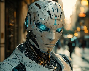 Poster - Close-up of a futuristic humanoid robot's head in a city setting.