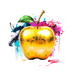 Aufkleber - A gold-painted apple is depicted against a backdrop of colorful paint splatters, creating a vibrant and artistic composition.