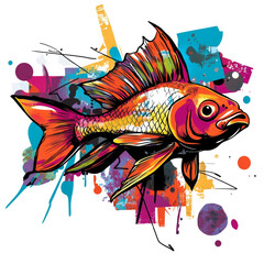 Aufkleber - A stylized vibrant fish illustration set against a bold abstract background featuring splashes of bright color.