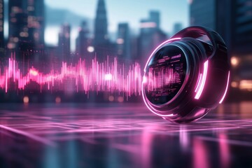Poster - A cyberpunk-inspired VoIP system with glowing neon sound waves, futuristic headsets, and holographic call interfaces in a high-tech cityscape