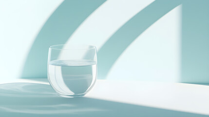 Poster - A glass filled with water was placed in an empty light blue room.