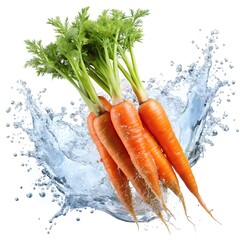 Wall Mural - Fresh carrots splashing in water - Bunch of vibrant orange carrots with green tops being splashed with water, symbolizing freshness, cleanliness, and healthy produce.
