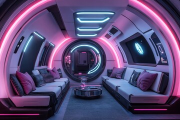 Poster - A cyberpunk-inspired apartment interior with neon lights, metallic textures, and futuristic furniture illuminated by dynamic V-Ray-rendered lighting