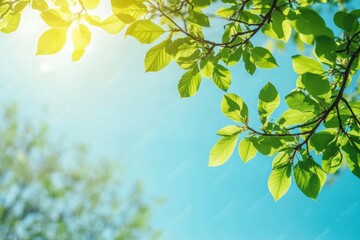 Aufkleber - Bright green leaves against a clear blue sky with soft sunlight creating a tranquil and refreshing atmosphere. Generative AI