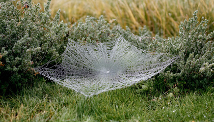 Closeup view of cobweb with dew drops on plants outdoors