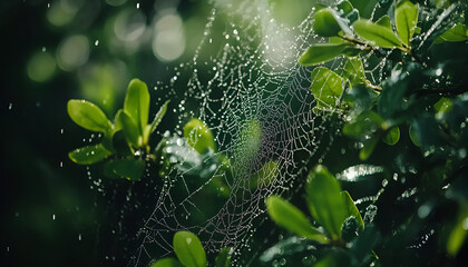Closeup view of cobweb with dew drops on plants outdoors