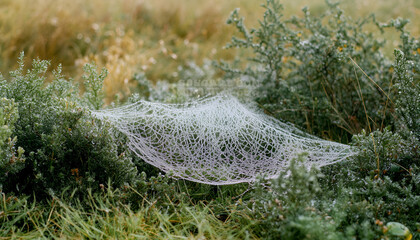 Closeup view of cobweb with dew drops on plants outdoors