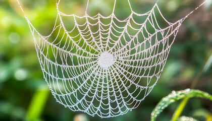 Closeup view of cobweb with dew drops on plants outdoors