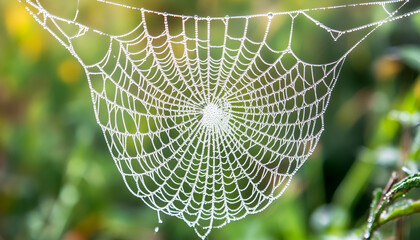 Closeup view of cobweb with dew drops on plants outdoors