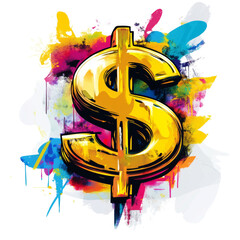 Poster - A stylized golden dollar sign is depicted against a backdrop of vibrant colorful paint splatters creating an abstract and energetic visual.