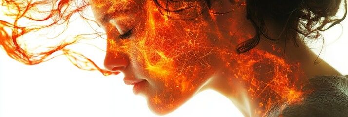 Poster - Woman with Abstract Orange Energy Particles Flowing Around Her Face, Digital Art Portrait