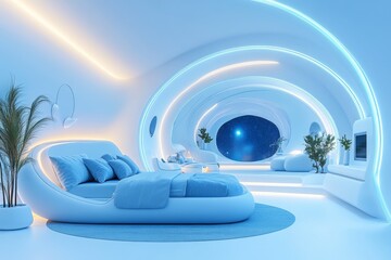 Poster - A digital 3D illustration of a luxurious home theater with plush seating, a large projector screen, and glowing V-Ray-rendered LED lights