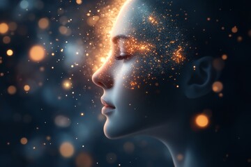 Poster - A digital illustration of a person surrounded by abstract shapes and soft light, with sections of their form dissolving into glowing particles