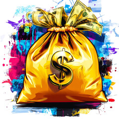 Poster - A vibrant abstract painting depicts a money bag overflowing with color and a prominent dollar sign.