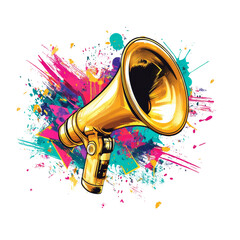 Poster - A vibrant illustration of a golden megaphone amidst a dynamic splatter of colorful paint.