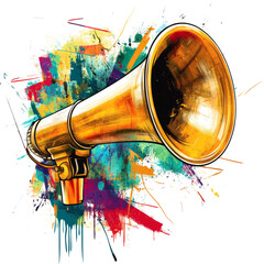 Wall Mural - A vibrant illustration of a golden megaphone amidst a dynamic splatter of colorful paint.