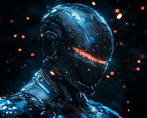 Poster - Futuristic robot head, dark metallic, glowing visor, water droplets.