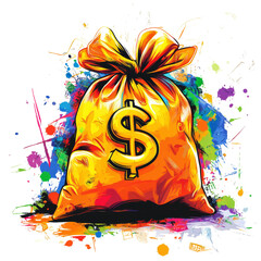Poster - A vibrant abstract painting depicts a money bag overflowing with color and a prominent dollar sign.