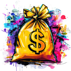 Poster - A vibrant abstract painting depicts a money bag overflowing with color and a prominent dollar sign.