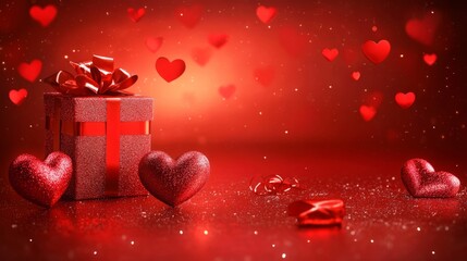 Valentines day background with red hearts and gift box