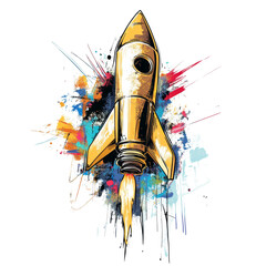 Poster - A stylized golden rocket blasts off against a backdrop of colorful paint splatters symbolizing a dynamic and energetic launch into space.