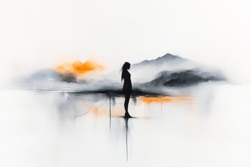 Poster - A dreamy watercolor depiction of a small figure standing on a vast, misty landscape, surrounded by light and shadow representing vulnerability and hope