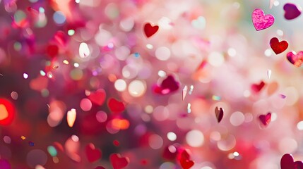 Poster - A blurred background of Valentine's Day-themed confetti, including hearts and red sparkles, perfect for romantic events.
