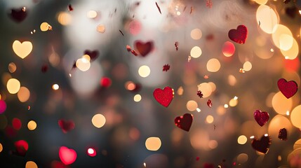Poster - A blurred background of Valentine's Day-themed confetti, including hearts and red sparkles, perfect for romantic events.